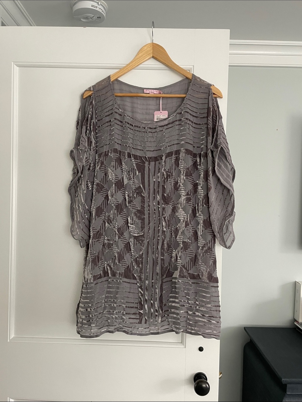 Calypso St. Barth Slate Gray Velvet-Stripe Cold-Shoulder Tunic
